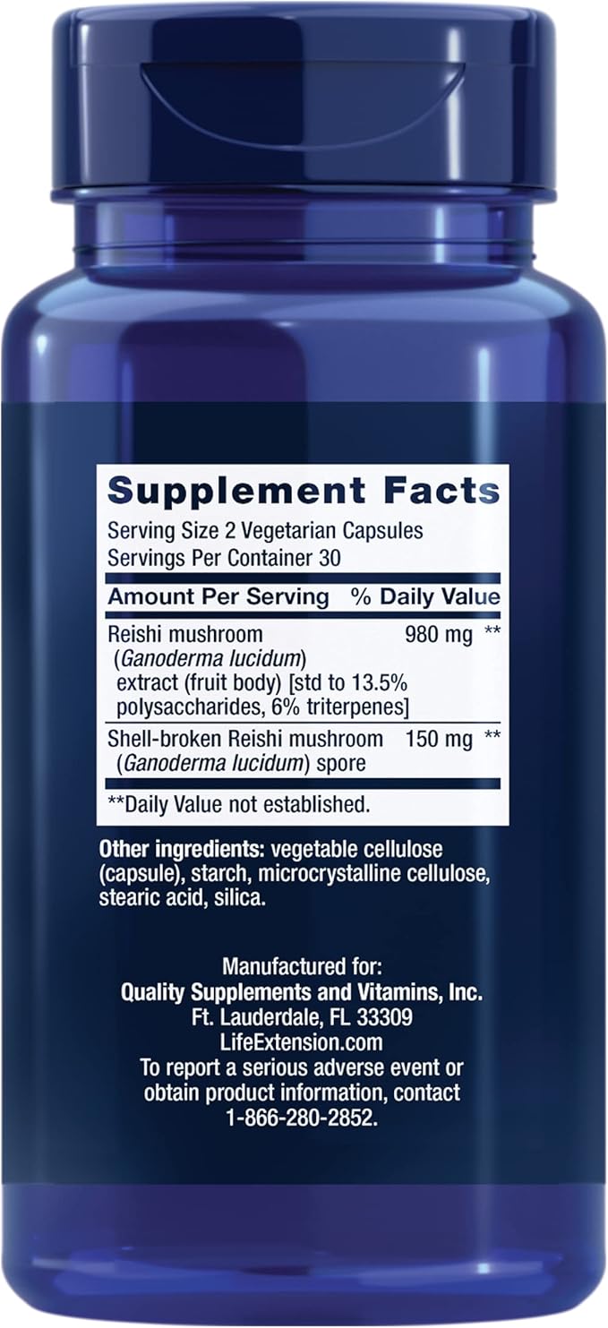 Life Extension Reishi Extract Mushroom Complex - Mushrooms Herbal Supplement for Immune Support – Ganoderma Lucidum Extract - Gluten-Free Non-GMO Vegetarian – 60 Capsules
