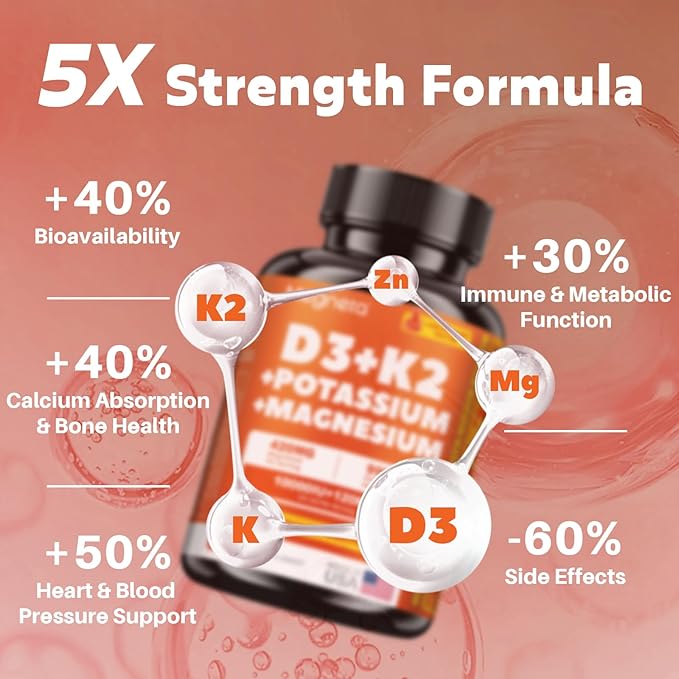 Vitamin D3 K2 10000 IU with Magnesium &amp Potassium – Supports Calcium Balance Muscle Function &amp Immune Health – Vegan High Absorption – 60 Capsules