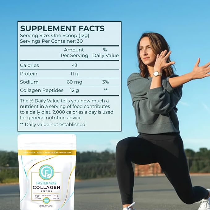 Faster Way - Collagen Peptides - 12g Hydrolyzed Collagen + 11g Protein Per Serving - Hair Skin &amp Nails - Amino Acids - Grass-Fed - Sugar Gluten &amp Dairy Free - Non-GMO -Unflavored Powder -30
