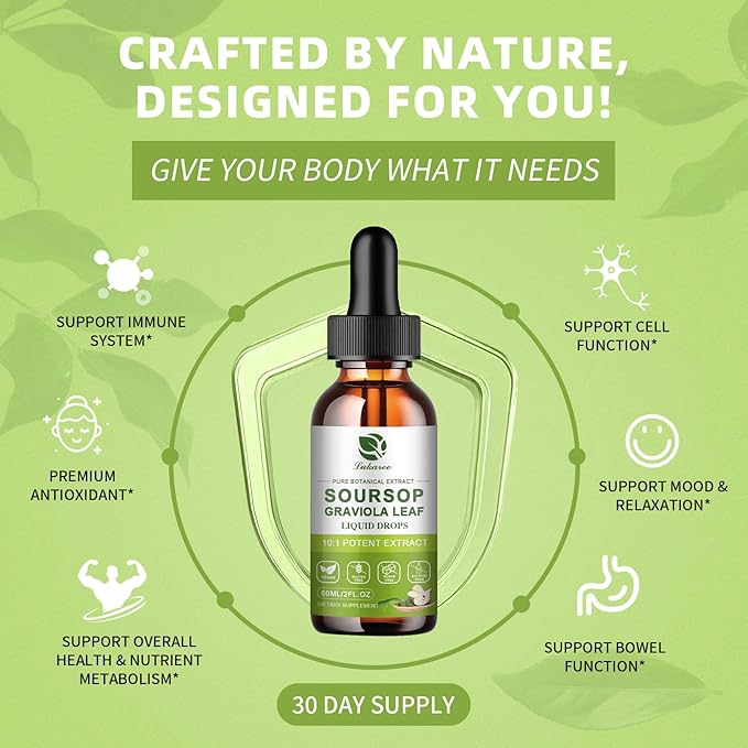 Lukaree Pure Soursop Leaves Extract 10X Concentrated Graviola Soursop Bitters Liquid Drop for Immune Digestive Energy Cold-Extracted with High Potency Alcohol-Free Vegan &amp Non-GMO