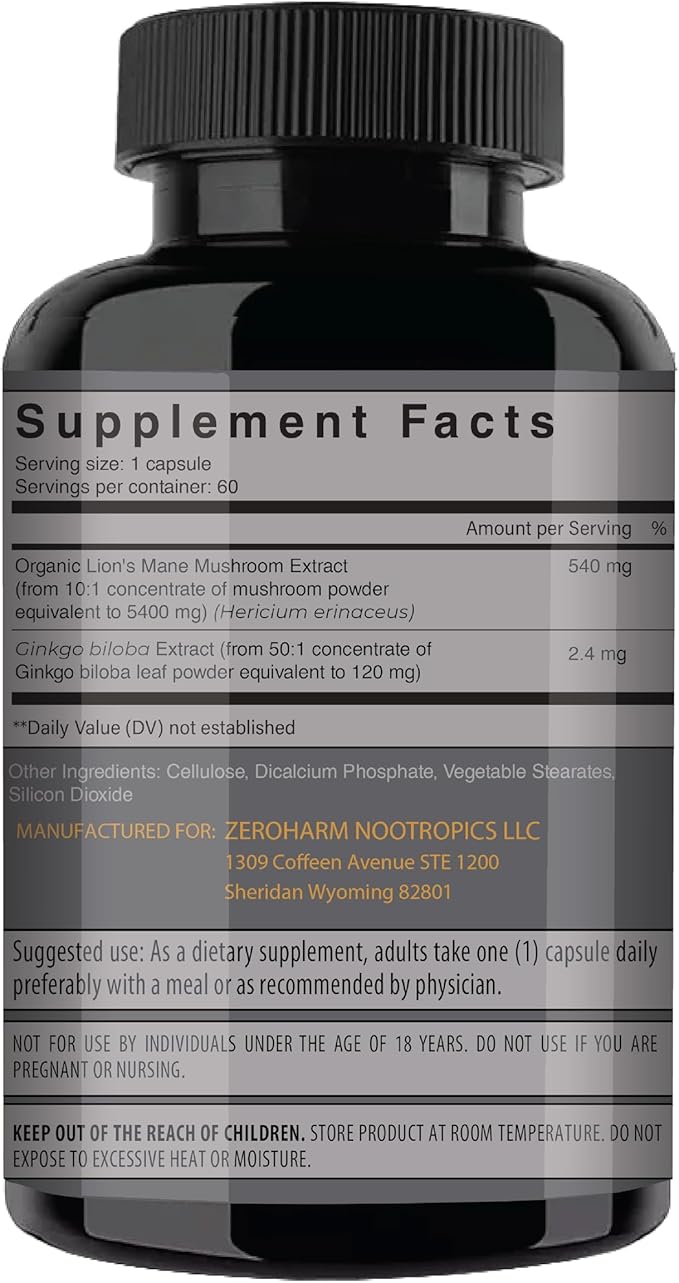 NooMost Lions Mane Supplement Organic Capsules - With Ginkgo Biloba - Cognitive Health Focus &amp Memory Support - Natural Superfood for Brain Energy &amp Immune Health - Non GMO- 60 Caps - 2 Mont