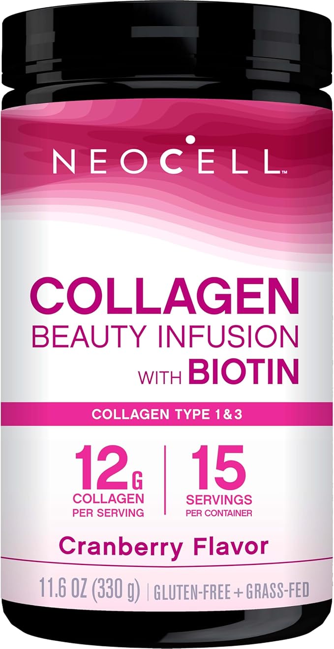 NeoCell Collagen Peptides Powder | 9.1 oz | Grass Fed Bovine | with Biotin and Hyaluronic Acid | Cranberry Cocktail Flavored | Beauty Infusion Drink Mix | Hair Skin &amp Nails
