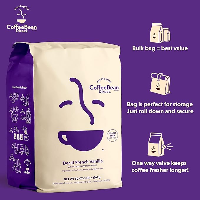 Coffee Bean Direct Decaf French Vanilla Flavored Whole Bean Coffee 5 Pound Bag (Pack of 1)
