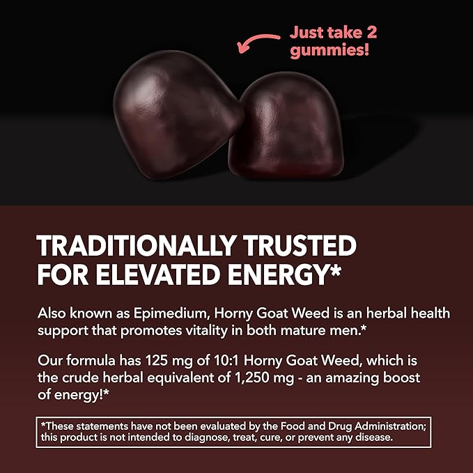 Horny Goat Weed Gummies with Vitamin B12 - Energy Endurance &amp Performance Support for Male Health - 60 Count - Vegetarian-Friendly Non-GMO Pectin-Based - Raspberry Flavor 1 Month Supply