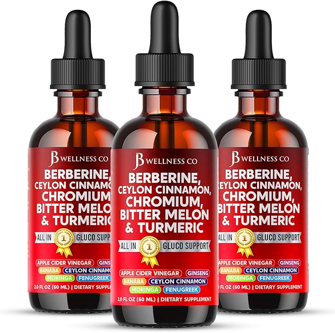 Berberine with Ceylon Cinnamon Supplement Liquid Drops + Bitter Melon Extract Glucomannan Gymnema Chromium Turmeric Panax Ginseng Moringa- 6 OZ