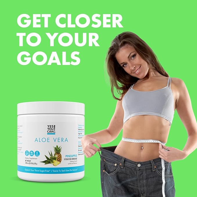 Yes You Can! Aloe Vera Powder Drink Mix - Hydration Booster Infused with Pure Organic Aloe Vera Extract - Delicious Flavors - Made in USA - Antioxidant Rich - Pineapple Flavor - 40 Servings Per Canist