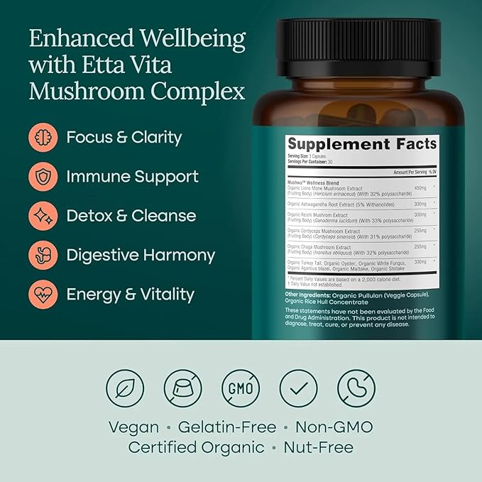 USDA Organic Lions Mane Supplement Capsules with Ashwagandha Chaga Reishi Cordyceps Turkey Tail (18600mg/serv) 10x Adaptogenic Mushroom Complex as Focus Supplement - Energy Immunity &amp Nootro