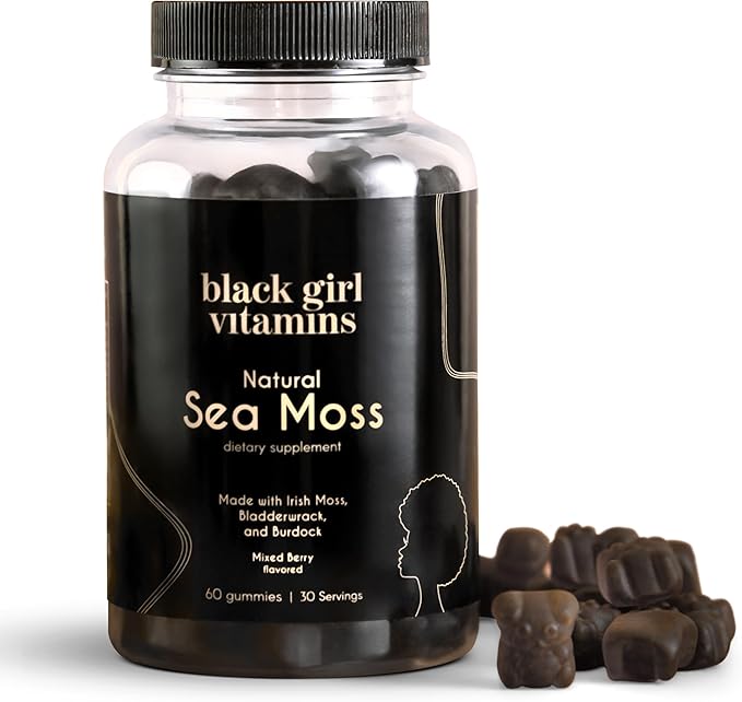 Black Girl Vitamins - Irish Sea Moss Gummies - SeaMoss + Bladderwrack &amp Burdock - 92 Minerals for Thyroid Metabolism and Immunity - Vegan Gluten-Free Halal (Mixed Berry 30 Day Supply)