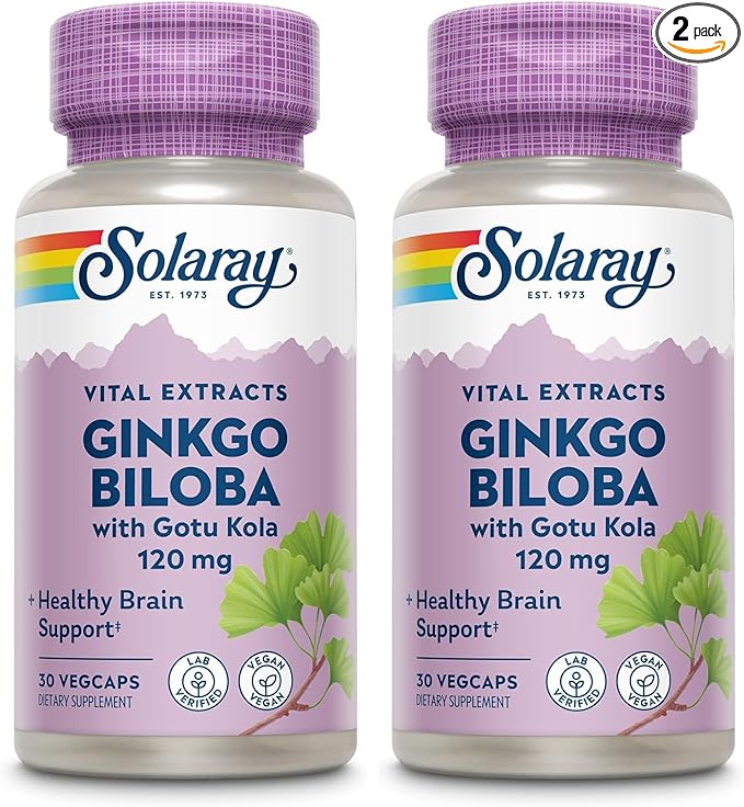 SOLARAY Ginkgo Biloba Extract with Gotu Kola - Ginko Biloba Capsules for Brain Health Support - Vegan Lab Verified 60-Day Guarantee - 60 Servings 60 VegCaps (30 VegCaps) (Pack of 2)