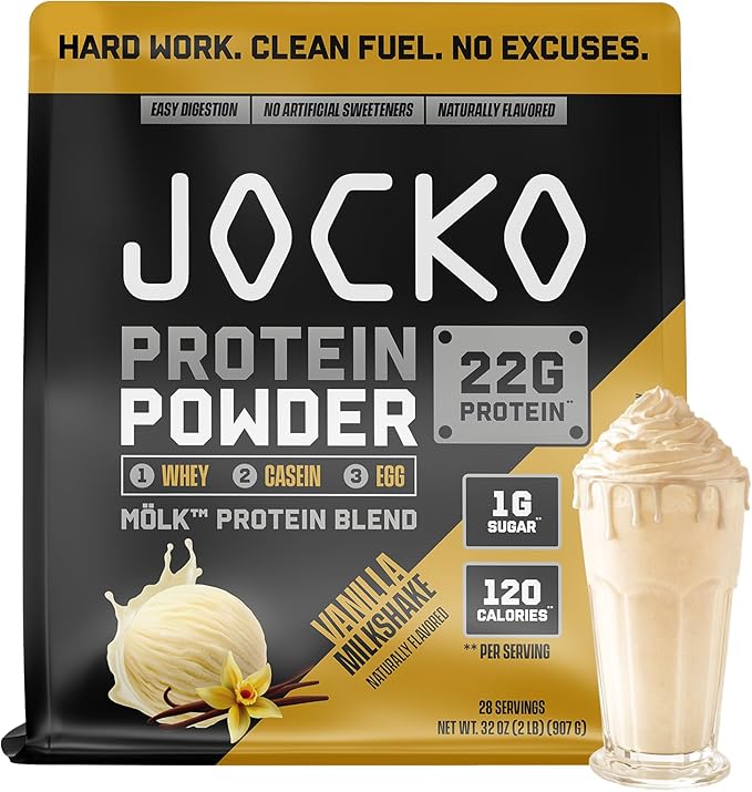 Jocko Fuel Whey Protein Powder Vanilla Milkshake 22g Protein Digestive Enzymes + Probiotic Blend No Sugar Added with Essential Amino Acids + Electrolyte Minerals 28 Servings