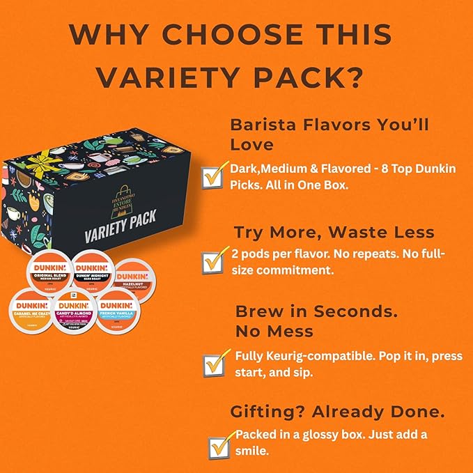 Dunkin K Pods Variety Pack – Original 100% Colombian Midnight Dark Roast Turtle Love Caramel Me Crazy Candy’d Almond French Vanilla Hazelnut – 16pcs 8 Flavors Coffee Gift Box Keurig Compatible