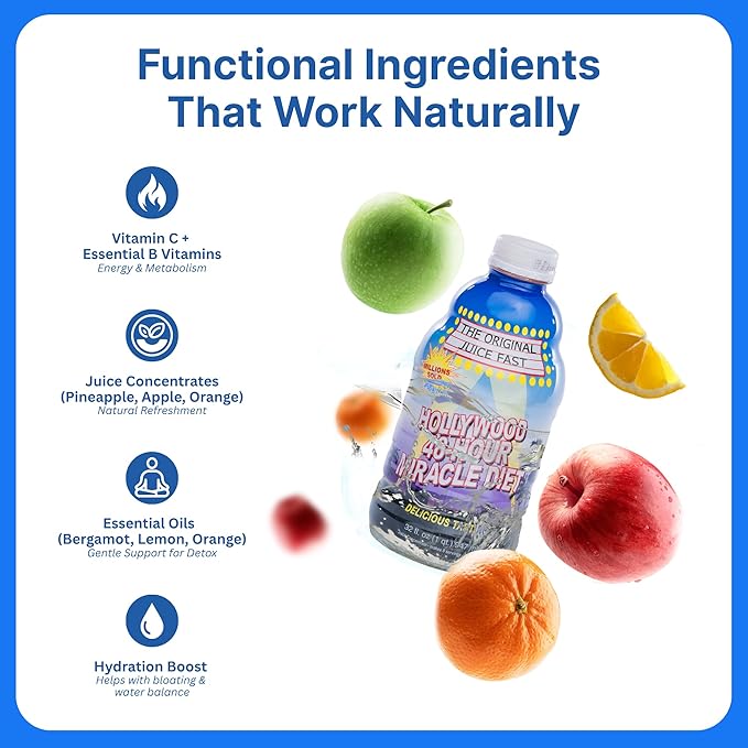 Hollywood diet 48 Hour Detox Cleanse Drink 1 Pack B-Vitamin Infused Juice for Body Reset Hydration and Energy | Ideal for Intermittent Fasting Bloating Support Event Prep - Fruity Flavor 32 oz