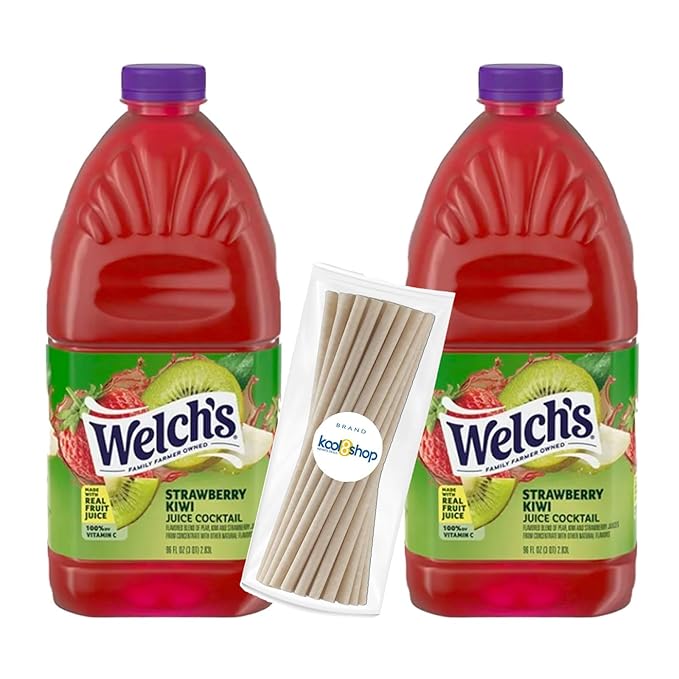 Welch's Juice Drink 96 fl oz Plastic Bottle 2 Pack + 15 Sugarcane Disposable Straws by Kool8shop Infinite Deals (2 Pack Strawberry Kiwi)