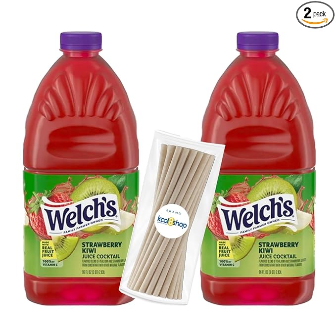 Welch's Strawberry Kiwi Juice Drink 96 fl oz Plastic Bottle 2 Pack + 15 Sugarcane Disposable Straws by KOOL8SHOP Infinite Deals