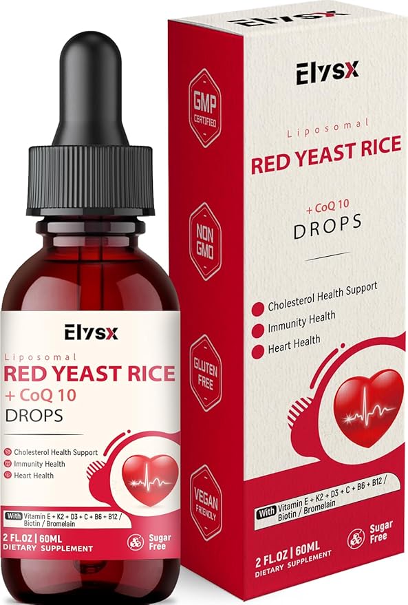 Liposomal Red Yeast Rice with Coq10 Liquid Drops Red Rice Yeast for Cholesterol Health Immune &amp Heart Support with Biotin Bromelain &amp Vitamins 2 FL OZ