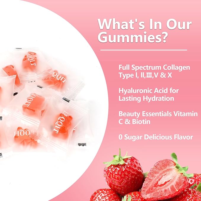60 Count Multi-Collagen Peptides Gummies for Women - Packed with Types I II III V X Vitamins C E Zinc &amp Hyaluronic Acid - Non-GMO &amp Gluten Free