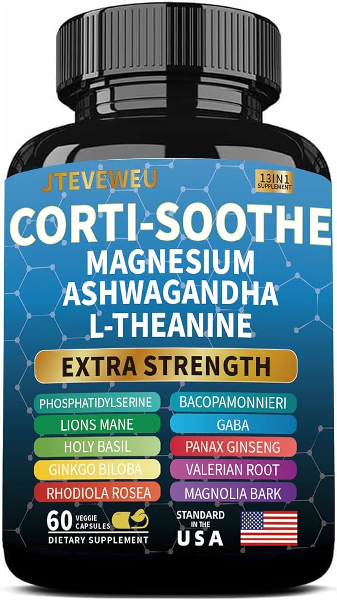 Corti-Soothe Cortisol Supplement for Women and Men with Magnesium Glycinate 200mg L-Theanine 150mg Phosphatidylserine 50mg &amp Manager Holy Basil Ginkgo Biloba Bacopa Monnieri Valerian 60 Capsules