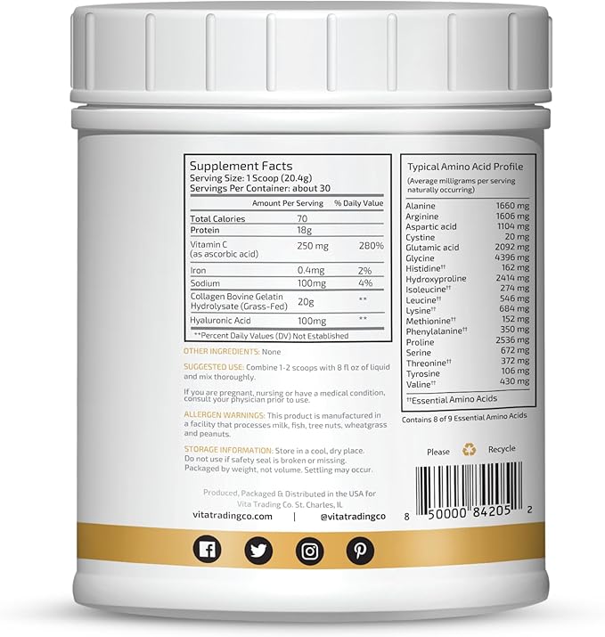 VTC VitaTradingCo. Grass-Fed Collagen Peptides Powder | Type I &amp III | Hyaluronic Acid &amp Vitamin C | Healthy Hair Skin &amp Joints | Non-GMO Paleo Keto | 30 Servings (Unflavored)