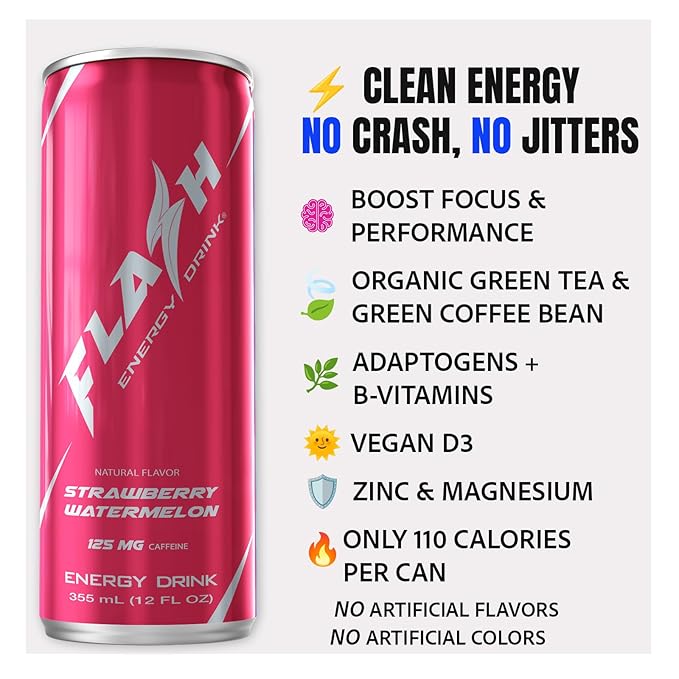 Flash Energy Drink | Elevate your Energy Focus and Performance | Natural | Non-GMO Vegan Gluten-Free Ingredients Organic Green Tea and Green Coffee Bean with 125 mg of Caffeine Enhanced with Es