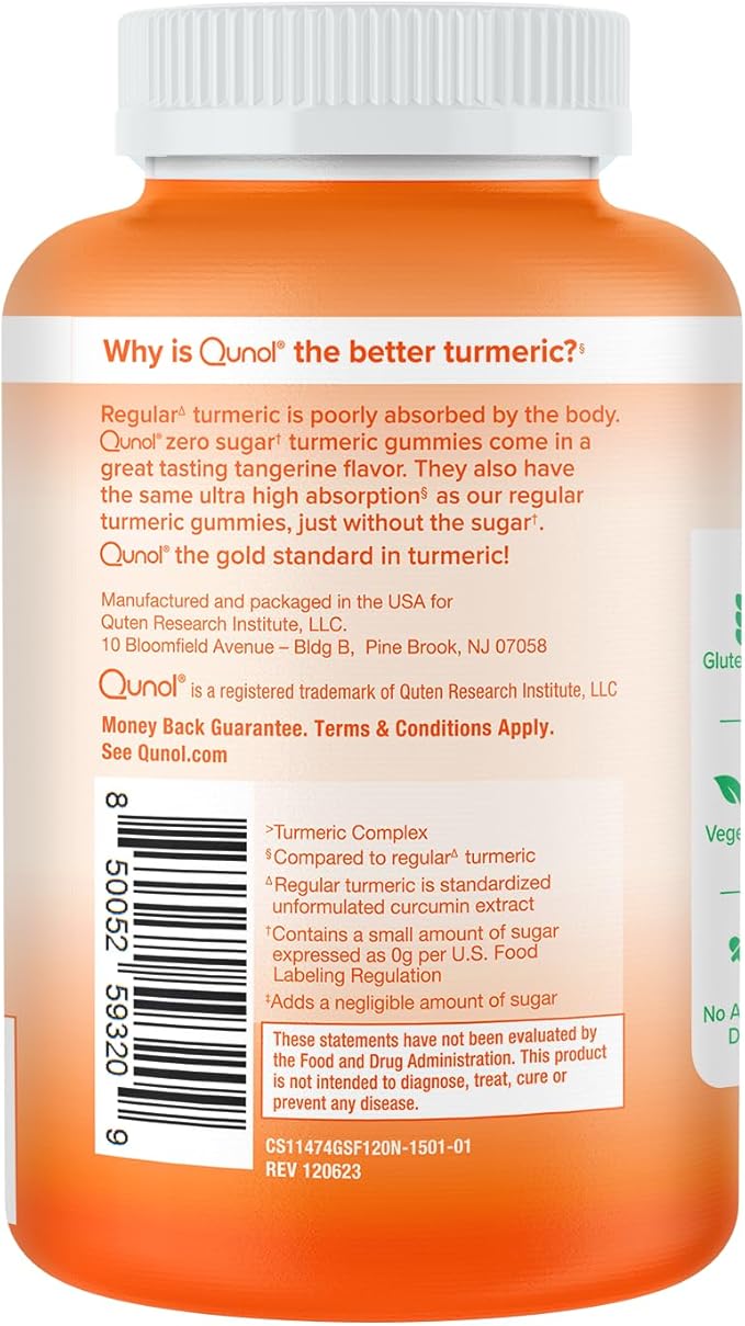 Qunol Zero Sugar Turmeric Gummies Gummy with 500mg Turmeric Curcumin Joint Support Supplement Ultra High Absorption Tumeric Curcumin Vegetarian Gluten Free 120 Count