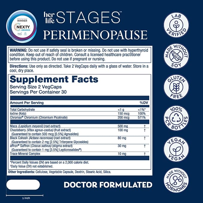 SOLARAY Perimenopause her Life Stages - Perimenopause Supplements Women - Hot Flashes Menopause Support - Saffron and Chasteberry - Made Without Hormones - 60-Day Guarantee - 30 Servings 60 VegCaps