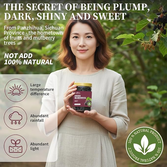 Baihuatang Natural Dried Black Mulberries Premium Dried Black Mulberries Dried Mulberries Black Mulberry Tea Herbal Tea No Sugar Added &amp No Additives Dried Fruit Snack 黑桑椹干 桑葚 250g/8.8oz
