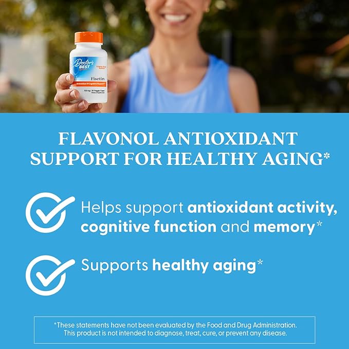 Doctor's Best Fisetin Supplement 100 mg for Men &amp Women - Brain Health &amp Antioxidant Support Fisetin Capsules (as Novusetin) 100mg per Serving Vegan Gluten Free Soy Free Non GMO - 30 Veg
