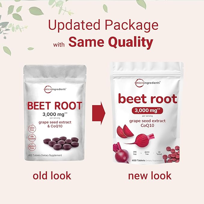 Micro Ingredients Beet Root 3000mg with Grape Seed Extract &amp CoQ10 400 Tablets | 200 Servings | Super Beets Supplements from Fresh Beetroot Extract