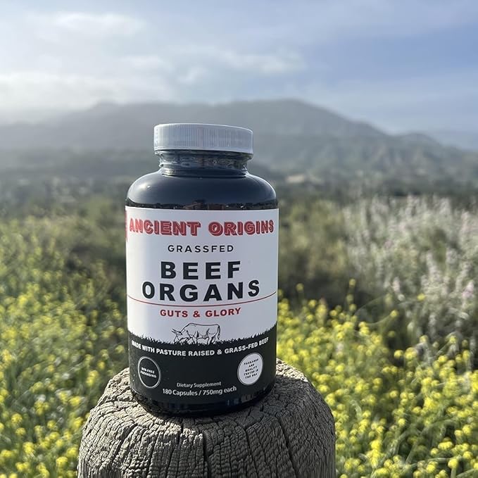 Grass Fed Beef Organs Supplement 4500mg - Desiccated Liver Bone Marrow Heart Spleen Pancreas &amp Kidney Non-GMO Gluten Free Undefatted by Ancient Origins (180 Capsules 750mg Each)