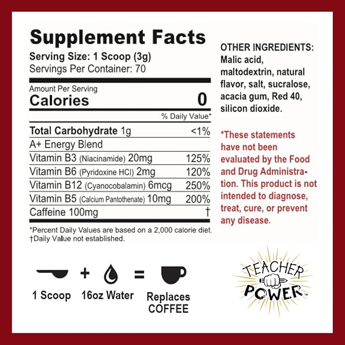 Teacher Power (The Original) Sugar Free Energy Drink 70/servings per Jar 100mg Caffeine with B Vitamins (Black Cherry)
