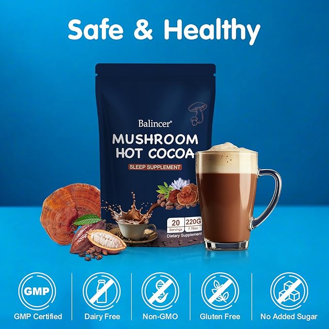Mushroom Hot Cocoa Powder Sleep Supplement with Reishi Mushroom Melatonin Glycine Cacao L-Theanine Chicory Supports Relaxation &amp Fall Asleep Vegan 20 Servings