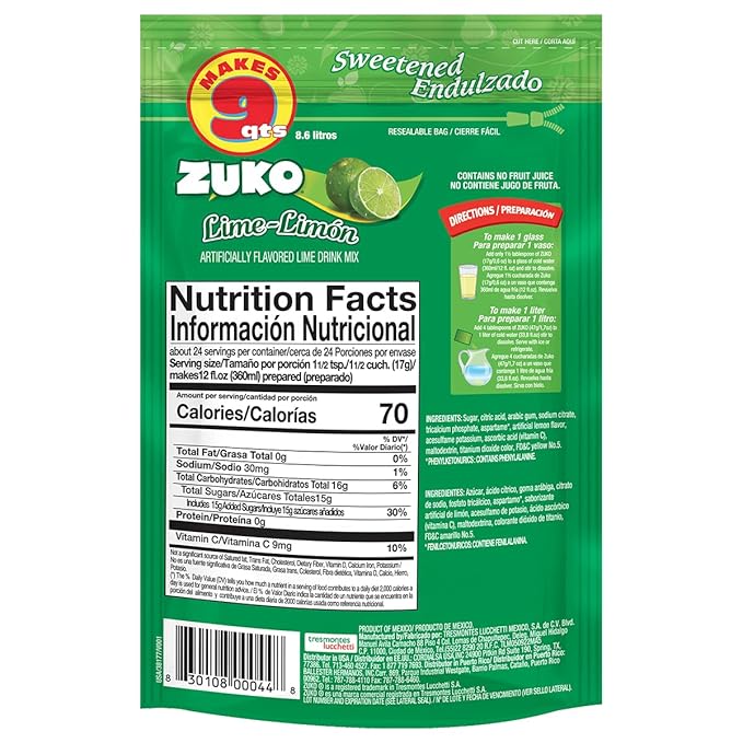 Zuko Lime-Limon Instant Powder Drink | Family Pack | No Sugar Needed | Vitamin C | 14.1 Ounce (Pack of 6)