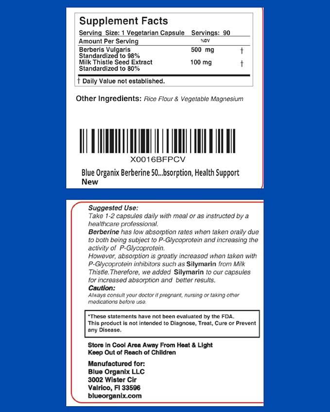 Berberine with Milk Thistle 500mg Formula HCL Complex Supplement with Silymarin for Better Absorption 90 Vegetarian Capsules 1 Bottle Overall Health Support