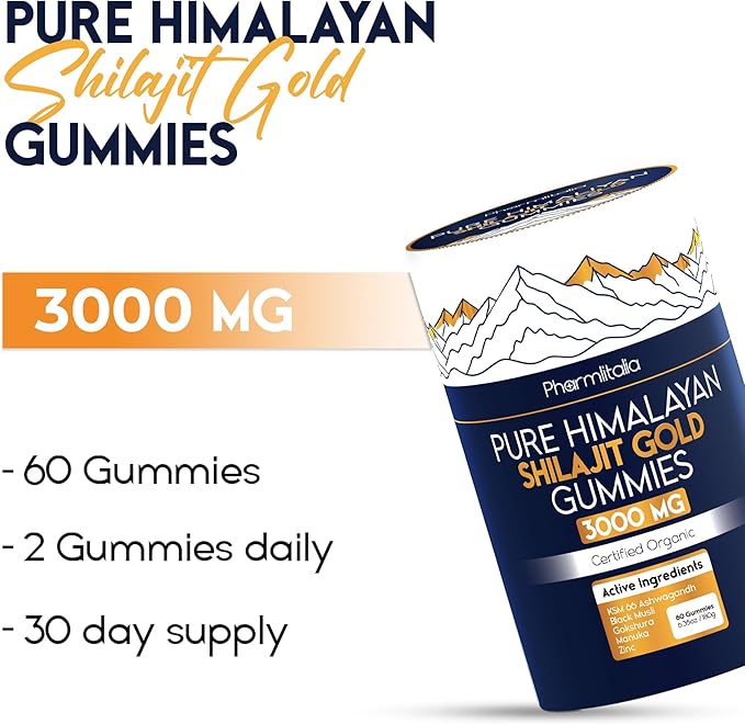 Shilajit Gummies - Himalayan Natural Shilajit Gummies 3000mg - Zinc Ashwagandha - Natural - No Added Sugar - 60 Count