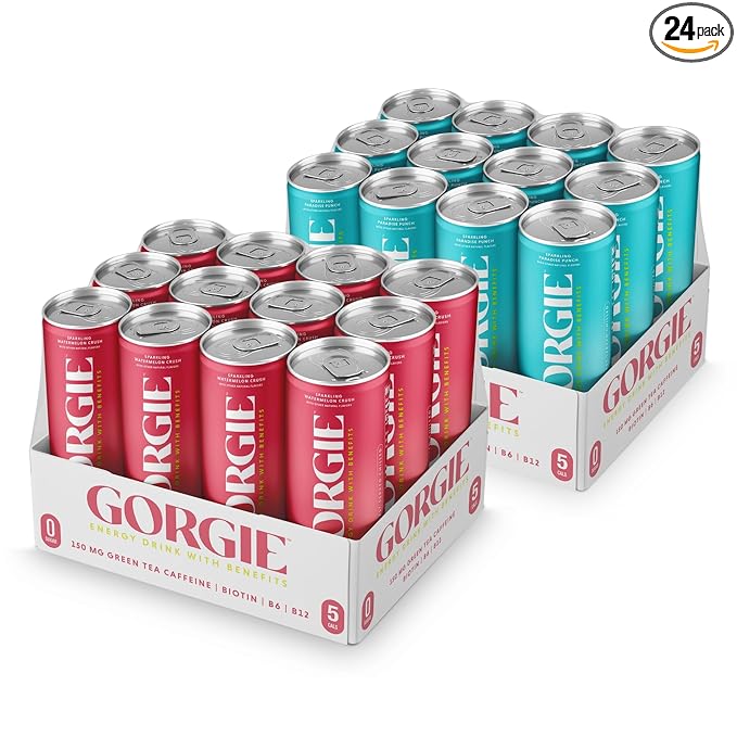 GORGIE Watermelon - Paradise Punch Bundle Sugar-Free Natural Energy Drink Sparkling Healthy Energy Drinks - Green Tea Biotin B Vitamins Vegan &amp Low Calorie (2 Packs of 12)