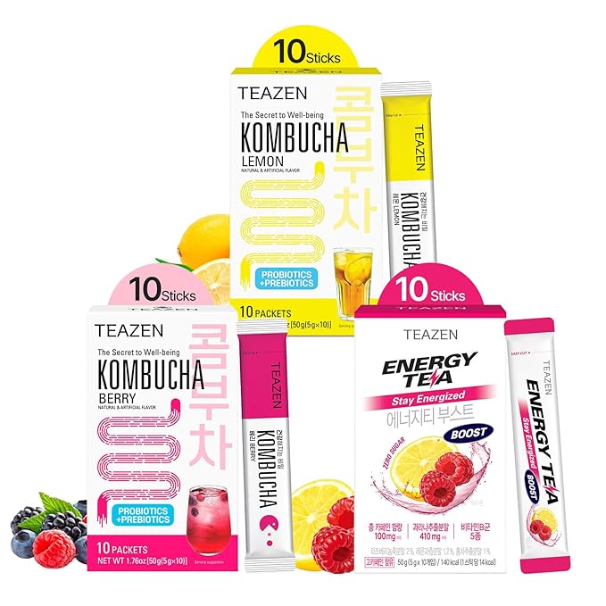 TEAZEN Kombucha Tea 20 Sticks Lemon Berry Flavor &amp Energy Tea Boost Powder 10 Sticks