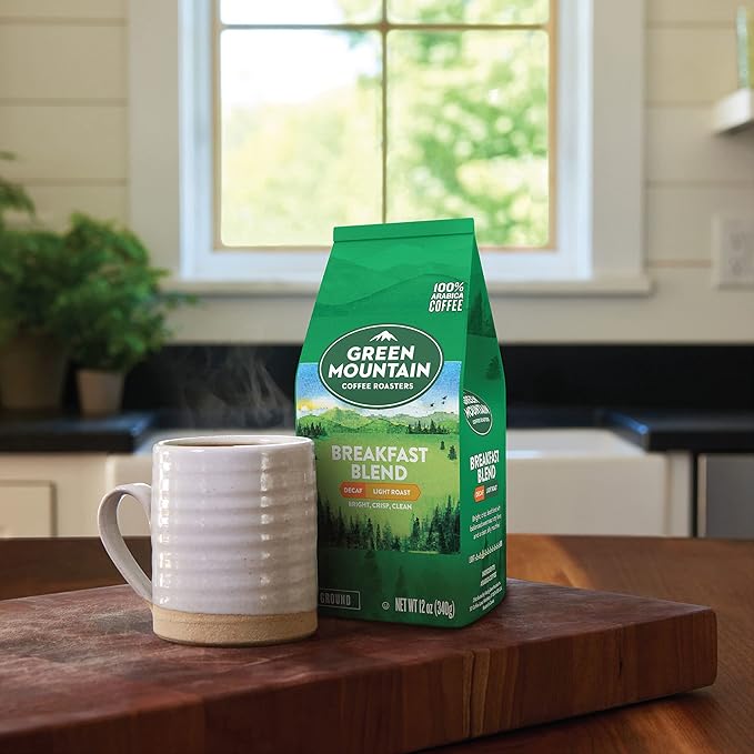 Green Mountain Coffee Roasters Breakfast Blend Decaf Ground Coffee Decaffeinated Light Roast Bagged 12oz. (Pack of 2)