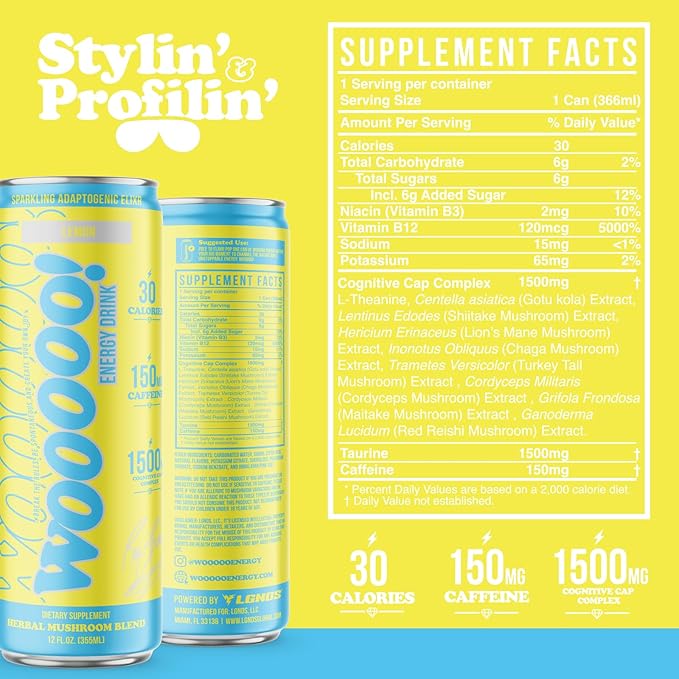 Wooooo! Energy Ric Flair Sparkling Adaptogenic Mushroom Energy Drink | Natural Antioxidants &amp Nootropics | Lion’s Mane &amp Cordyceps | 150mg Caffeine | 12 Pack (Lemon)