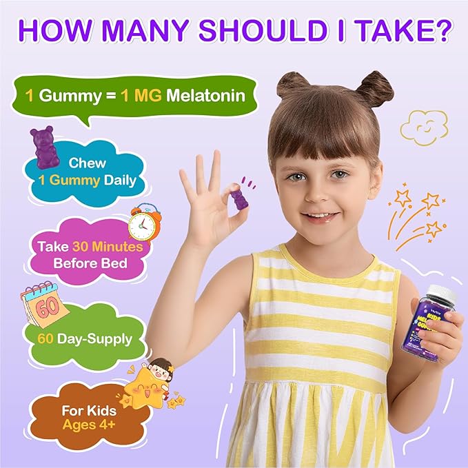 Kids Melatonin Gummy Supplements 1mg - Non-Habit Forming Melatonin Gummies Kids with Chamomile Lemon Balm L-Theanine Magnesium Zinc for Children Ages 4+ - Non-GMO Gluten Free Mixed Berry Flavor