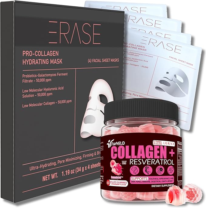 Collagen Beauty Bundle – Hydrating Face Masks (4 Sheets) &amp Collagen Gummies (60 Count) – Supports Skin Hydration Firmness Hair &amp Nail Health – Anti-Aging Skincare &amp Supplement Set