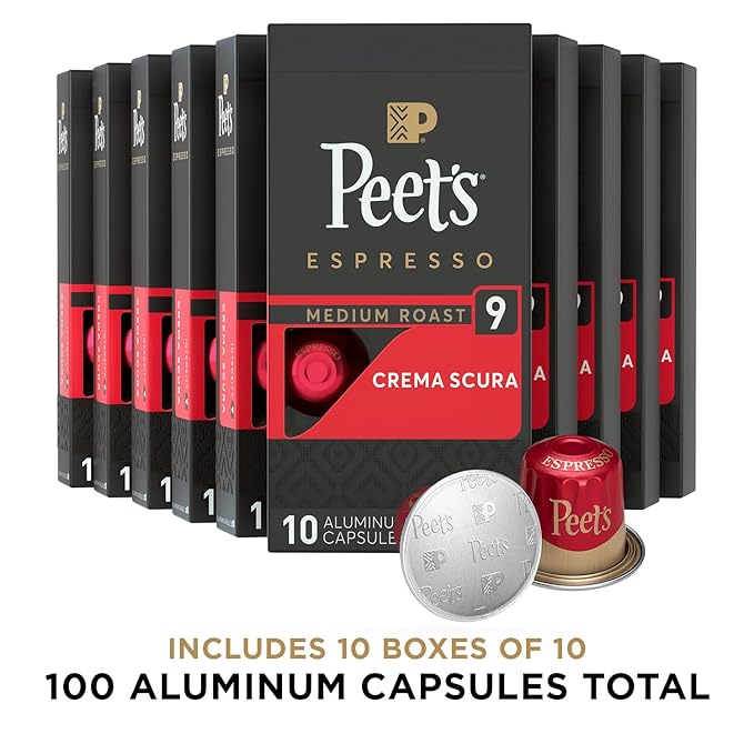 Peet's Coffee Medium Roast Espresso Capsules Compatible with Nespresso Original Machine - Crema Scura Intensity 9 100 Count (10 Boxes of 10 Espresso Capsules) (Pack of 2)