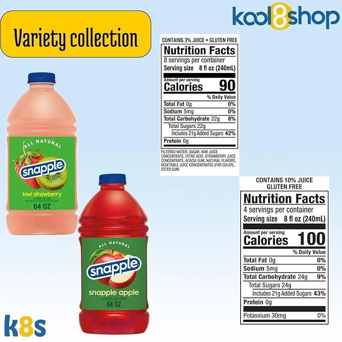 Snapple Variety Collection All Natural Fruit Juice 64 fl oz Plastic Bottle 4 Pack + 15 Sugarcane Disposable Straws by KOOL8SHOP Infinite Deals