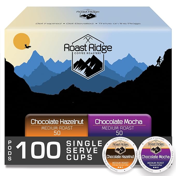 Roast Ridge Single Serve Coffee Pods for Keurig K-Cup Brewers Variety Pack Medium Roast 100 Count (50 Chocolate Mocha 50 Chocolate Hazelnut)
