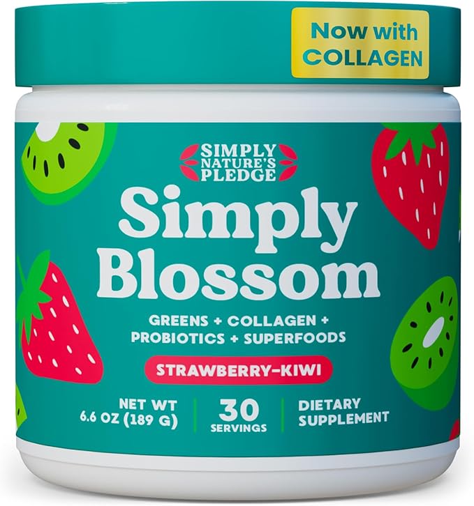 Simply Blossom Nutrition Daily Greens &amp Superfood Powder + Collagen + Probiotics for Women's Digestive Health &amp Bloating Relief. Help Your Health Bloom - 30 Day Supply - Strawberry Kiwi