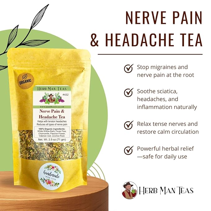 HEADACHE TEA – Nerve &amp Headache Pressure Support – Organic Loose Leaf – by Master Herbalist Khabir | White Willow Bark Feverfew &amp Chamomile | 100% Organic