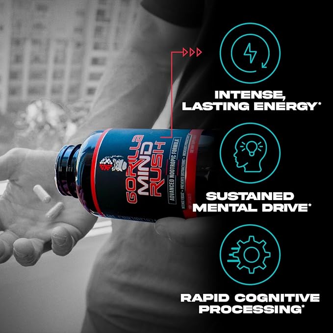 Gorilla Mind Rush - Nootropic Supplement | Intense Focus · Insane Productivity Cognitive Health Support Memory Focus Concentration Clarity | 150 Capsules
