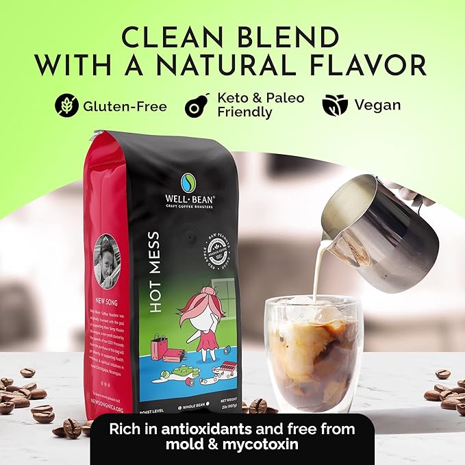 Well-Bean Coffee - Hot Mess Coffee Beans Nicaraguan Microlot Whole Bean Coffee Gluten-Free Keto Coffee Antioxidant Rich Coffee Beans Whole Medium Roasted Coffee 2 lb