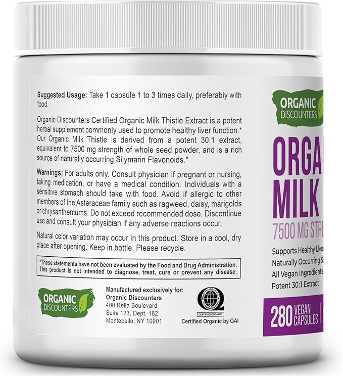Milk Thistle Capsules 280 Count 7500 mg Strength Potent 30:1 Extract USDA Certified Organic Rich in Silymarin Flavonoids Vegan Non-GMO and All-Natural