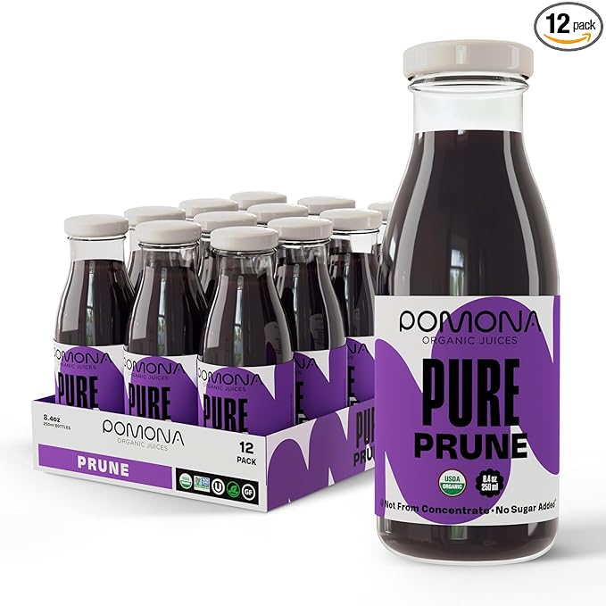 Pomona Organic Juices Pure Prune Juice 8.4 Ounce Bottle (Pack of 12) Cold Pressed Organic Juice Non-GMO No Sugar Added Not from Concentrate Gluten Free Kosher Certified Preservative Free