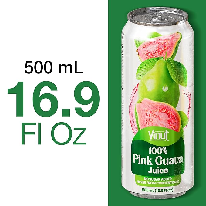 VINUT 100% Pink Guava Juice No Added Sugar Not From Concentrate 16.9 fl oz (500 mL) Can Pack of 12